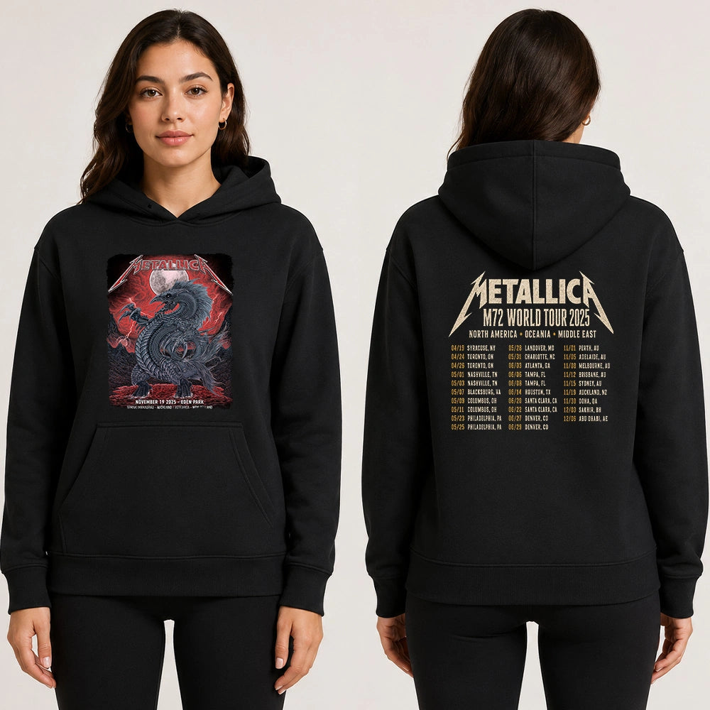 Metallica M72 World Tour November 19 2025 Eden Park Auckland New Zealand 2 side Hoodie by Mr. Wolf featuring a taniwha raven creature, full moon, red storm clouds, lightning, mountains and Auckland event text.